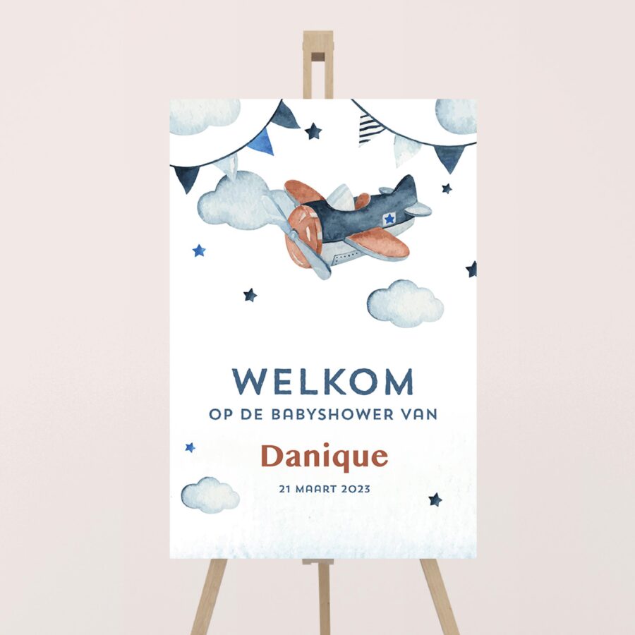 Welkomstbord babyshower vliegtuig
