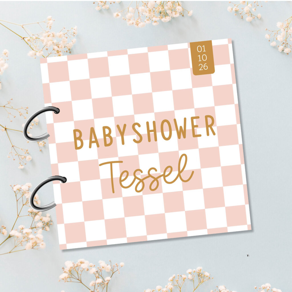 Babyshower invulboek bewaarbundel roze ruitjes