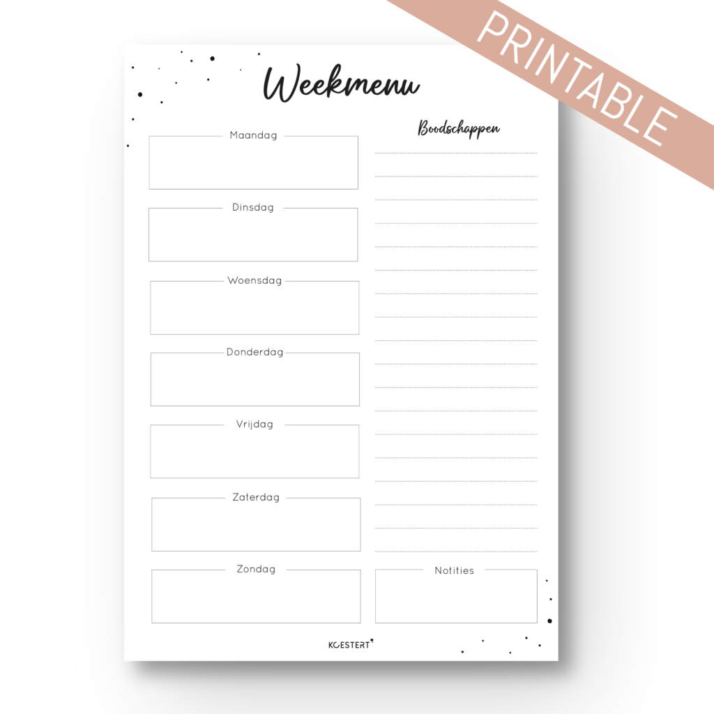 Weekmenu met boodschappenlijstje printable