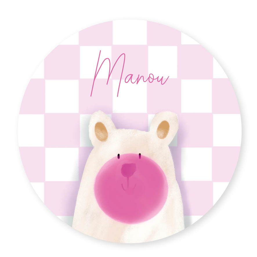 Muurcirkel met naam bubbelgum beer roze