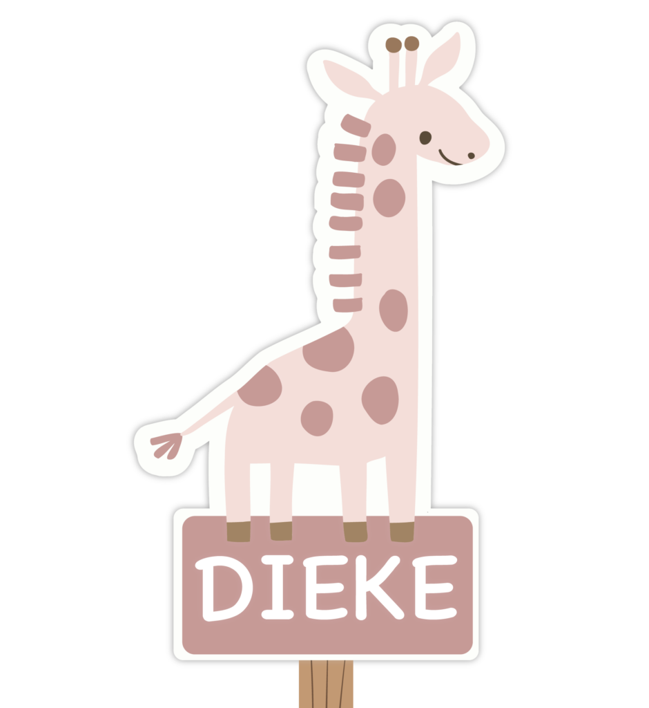 Geboortebord tuin staande giraf roze koestert