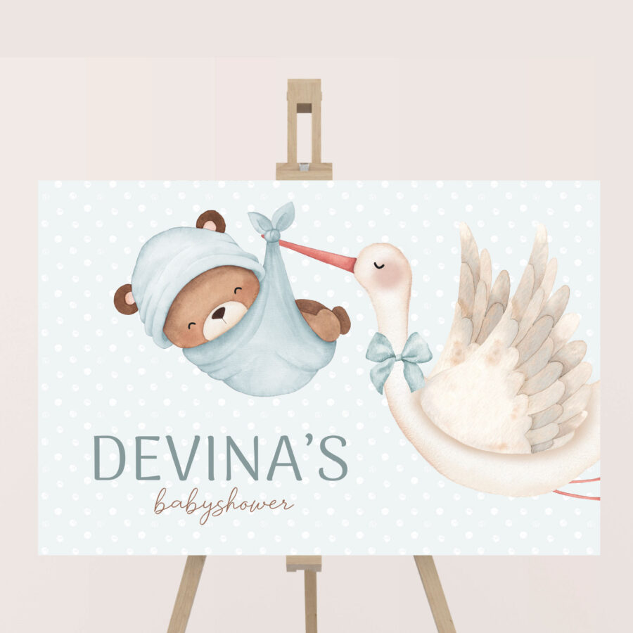 Welkomstbord-Babyshower-blauw-ooievaar