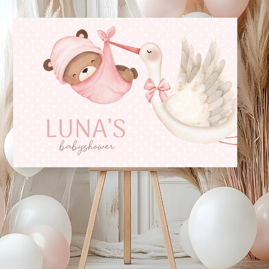 Gender reveal welkomstbord roze ooievaar