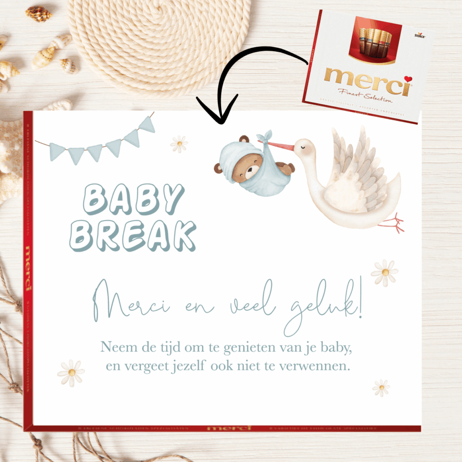 Afscheid collega zwangerschapsverlof | Merci wikkel | ooievaar blauw