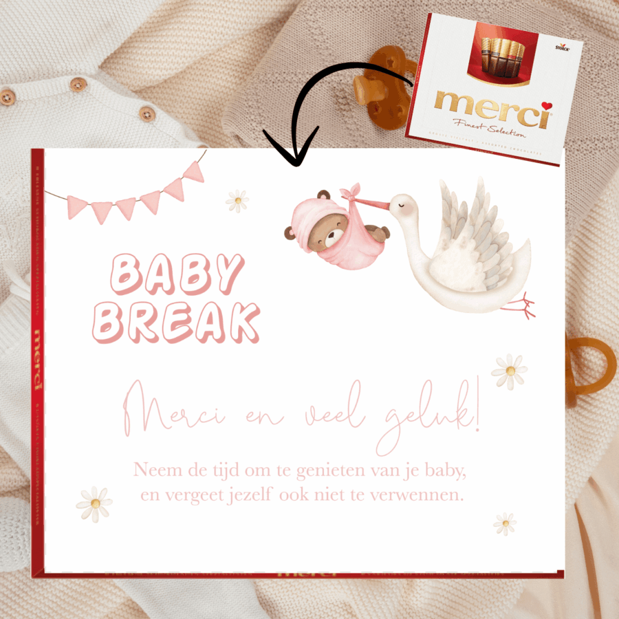 Afscheid collega zwangerschapsverlof | Merci wikkel | ooievaar roze