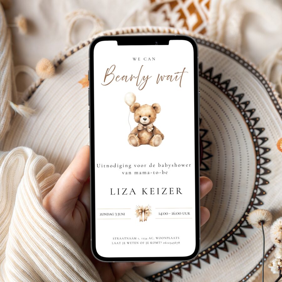 Bewerkbare uitnodiging babyshower | Canva | beer ecru koestert